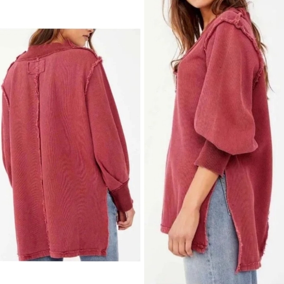 Free People Asher Thermal Oversized Shirt Stolen Kiss Maroon Red Small NWT NEW - Picture 2 of 12